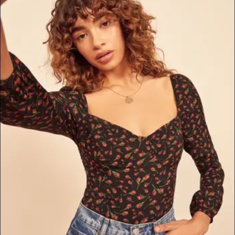 Reformation Black Floral Sweetheart Long-Sleeve Top